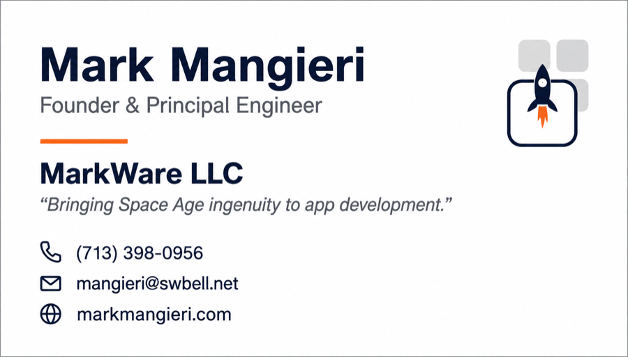 Mark Mangieri, Founder & Principal Engineer, MarkWare LLC business card